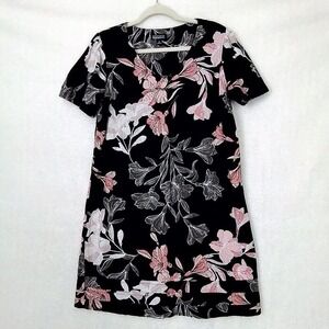 Nicole‎ Miller Womens Linen Shirt Dress Sz M Black Pink Floral Mini Short Sleeve
